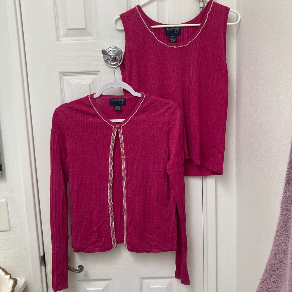 100% silk Embellished beaded cardigan tank set Barbie Elle Woods hot pink